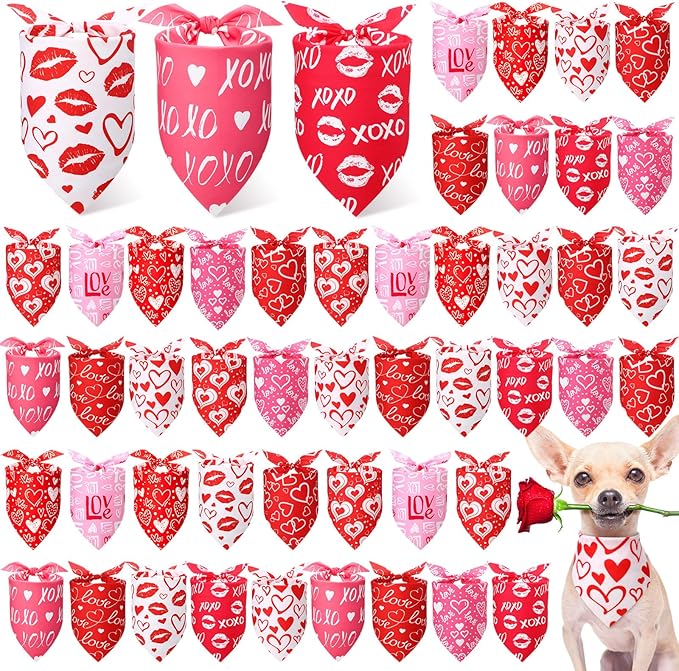 Weewooday 50 Pcs Dog Bandanas Bulk for Dogs Soft Bibs Adjustable Triangle pet Bandana for Small Medium Large Costume(Heart Pattern,31.5 x 21.7 x21.7 Inch)