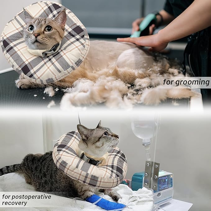 Cat Cone Collar Soft, Adjustable Plaid Elizabethan Cat Recovery Collar After Surgery to Prevent Licking & Scratching Wound, Fits Small Medium Large Cats, Puppy, Small Dogs
