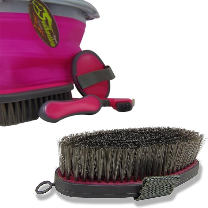 Collapsible Grooming Kit 10 Liter Bucket and 5 Grooming Tools by Southwestern Equine (Pink)