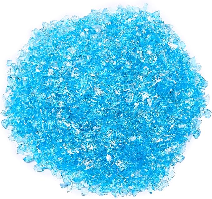TWINKLING High Luster Fire Glass Gravel Stone Glitter,Broken Glass,Fire Gems Chips,Crushed Glass for Fire Pit Crafts Resin Art Aquarium Garden Decoration,3-6mm,1-Pound Jar (Ocean Blue)