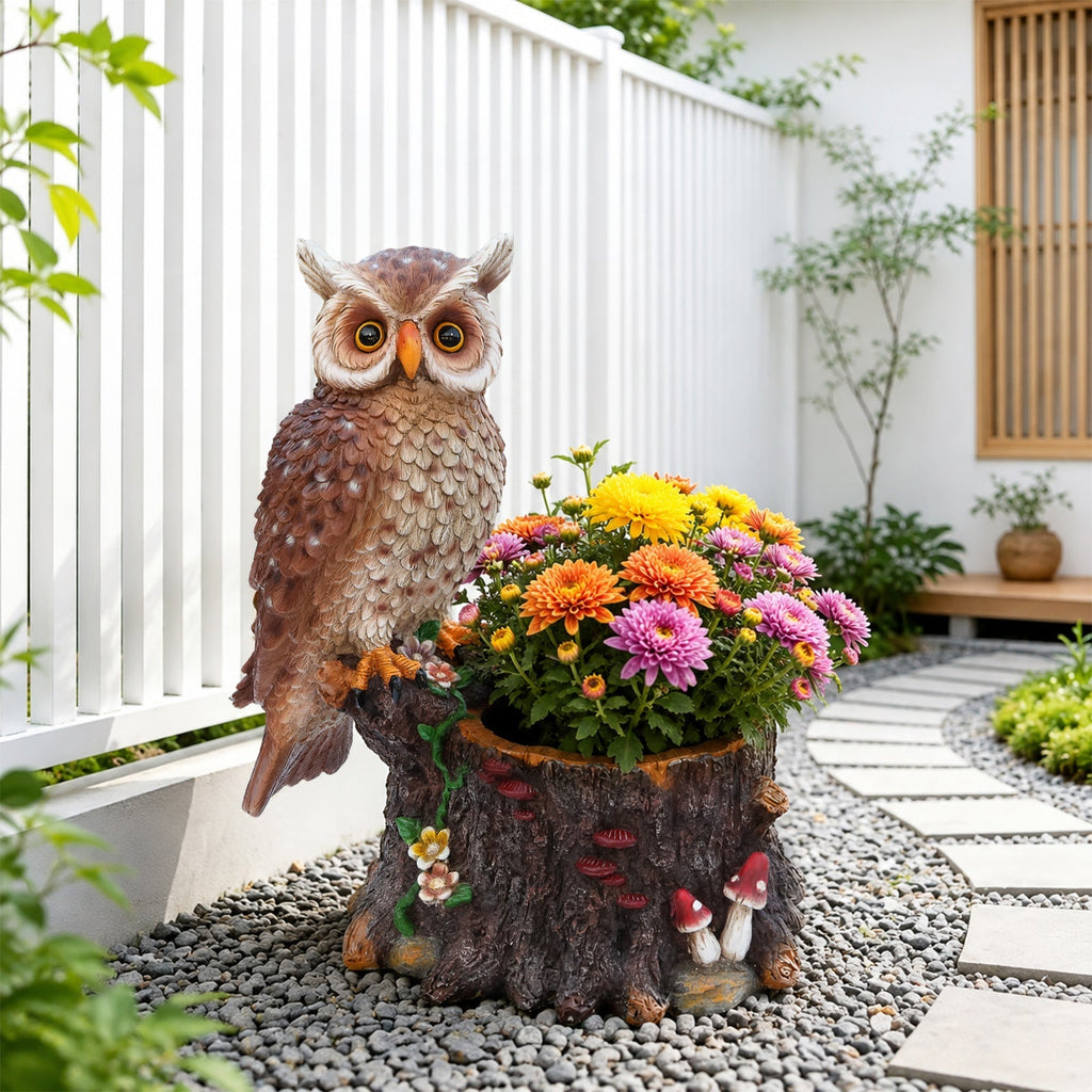 Sitting Owl with Tree Trunk Garden Planter