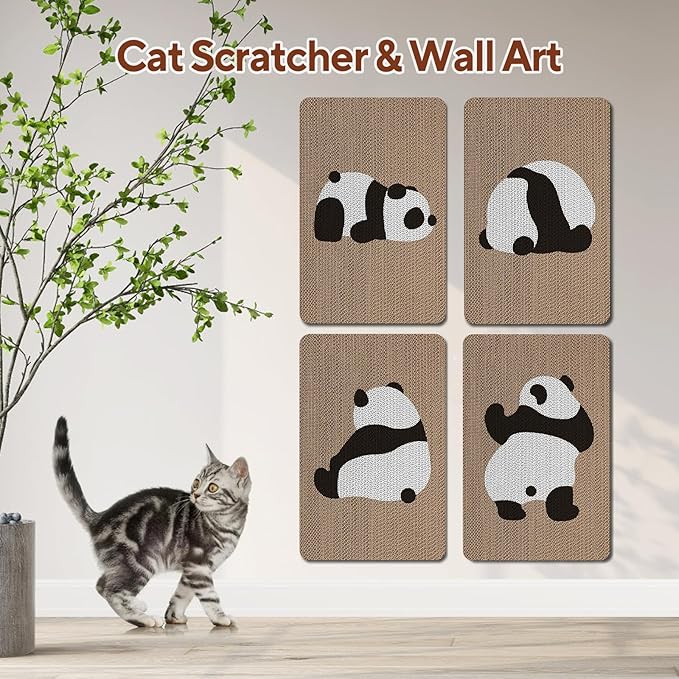 AUSCAT Cardboard Cat Wall Scratcher, 7 cat Scratching Boards with Box, Wall Mounted Cat Scratching Pads for Indoor Cats, Furniture Protector, 14.5" x 9.3", Panda Pattern