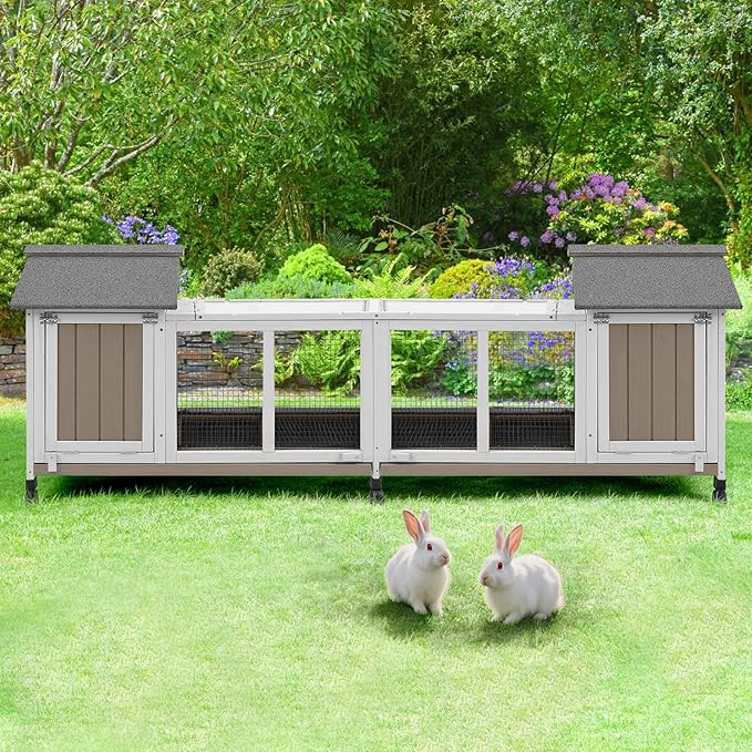 76''L Rabbit Hutch Outdoor Indoor with Wheels, Wooden 2 Story Bunny House Rabbit Cage with Run, Waterproof Roof, Pull Out Tray, Guinea Pig Cage Chicken Coop for Small to Medium Pets