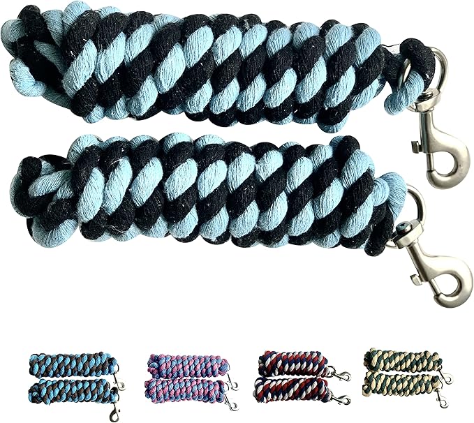 Majestic Ally Pack of 2 Solid Cotton Lead Rope for Horses & Livestock – 10 Foot Long and 5/8 inch Thick - Replaceable Heavy-Duty Satin Bolt Snap – Handmade – Soft, Broken in Feel (Sky Blue - Black)