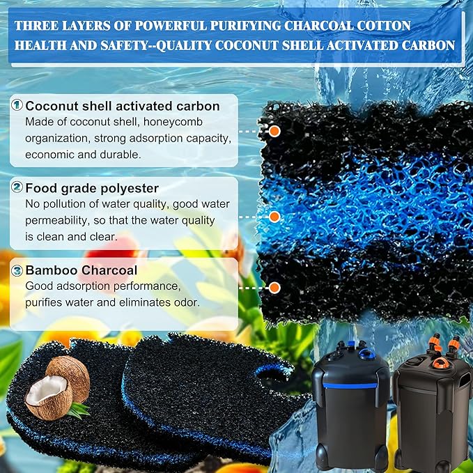 8 Pack Upgraded Filter Pads for AMOSIJOY Aquarium Canister Filter; White Floss, Removing Ammonia and Phosphate, and Activated Carbon Sponge Bio Pads, Compatible with PONDFORSE 172/225/265GPH Canister