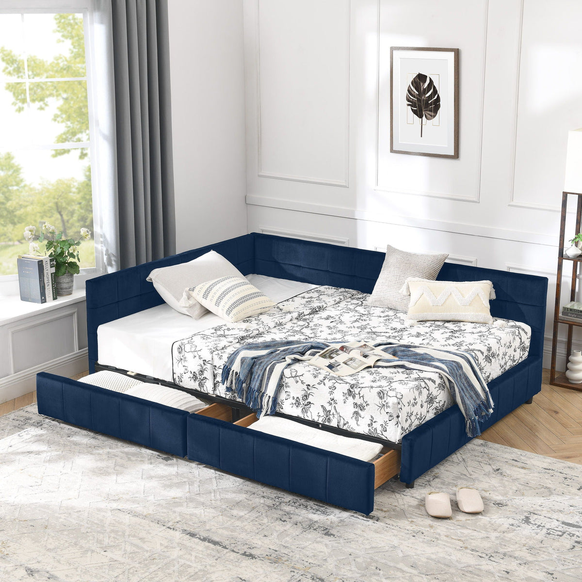 Mid-Century Storage Upholstered Tufted Bed Frame With Backrest And Armrests