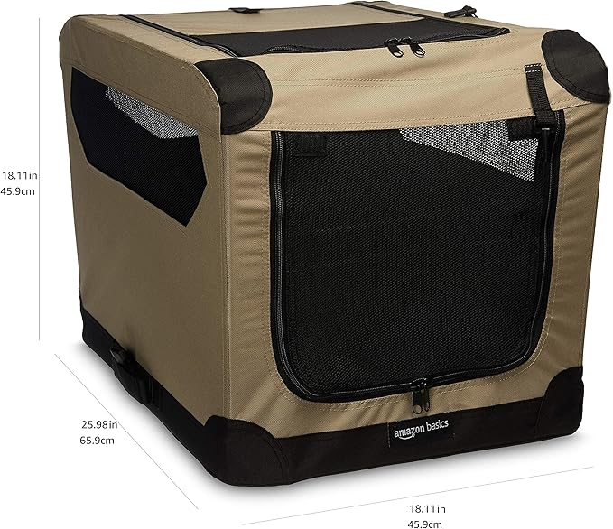 Amazon Basics 2 Door Foldable and Portable Travel Pet Kennel for Cat, Dog, Rabbit, 26 inch, Tan, S 26" x 18" x 18"