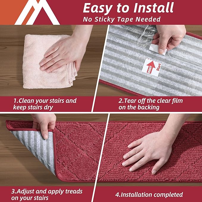 COSY HOMEER Edging Stair Treads Non-Slip Carpet Mat 28inX9in Indoor Stair Runners for Wooden Steps, Edging Stair Rugs for Kids and Dogs, 100% Polyester TPE Backing (7pc, Red, 7)