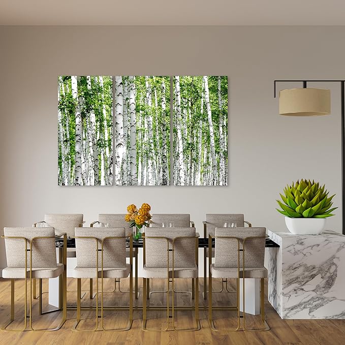 Nature Wall Art Prints - Ocean Forest Mountain Lake Canvas Landscapes - Small to Extra Large Living Room Bedroom Kitchen Bathroom Décor (Green Brich Trees, 31L" x 47W" - 3 Panels)