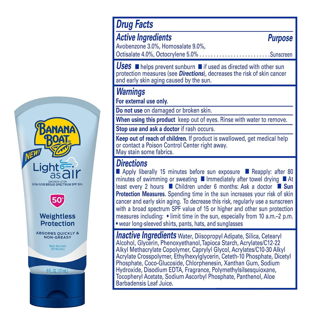 Banana Boat Light As Air Sunscreen Lotion SPF 50 Twin Pack | Lightweight & Non-Greasy Lotion Sunscreen SPF 50, Sunblock, Oxybenzone Free, 6oz each