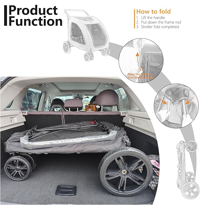 Extra Large Dog Stroller for Medium & Large Pets - Foldable Design, Adjustable Handle, Up to 130 lbs(Black)