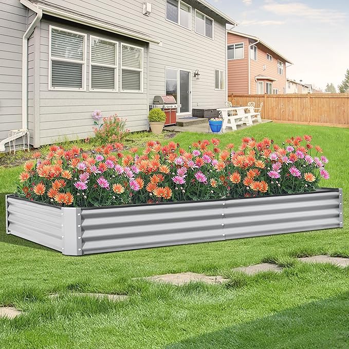 Domi Galvanized Raised Garden Bed, 8x4x1Ft Thickening Metal Planter Box for Vegetables Bottomless for Backyard Outdoor, 1" Deep w/ 228 Gallon Capacity - Silvery