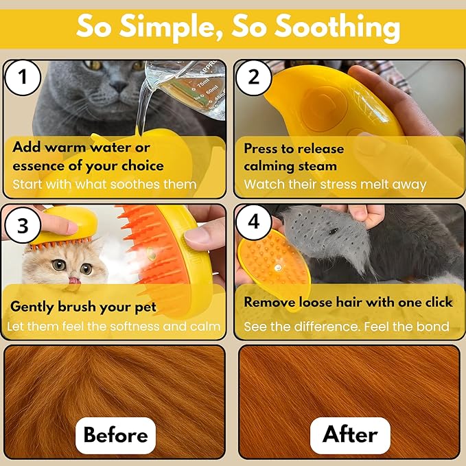Steam Cat Brush for Indoor Cats – Mist Spray Comb for Shedding & Hair Removal | Silicone Pet Grooming Tool for Long-Haired Cats & Dogs
