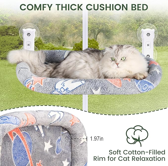 2 Pack Cat Window Perch, Glow in The Dark Foldable Cat Hammock with Cozy Pad Bed, Breathable Cordless Window Seat with Stud Metal Frame for Large Cats and Kitten (Cushion Bed, 2 Pack - L)