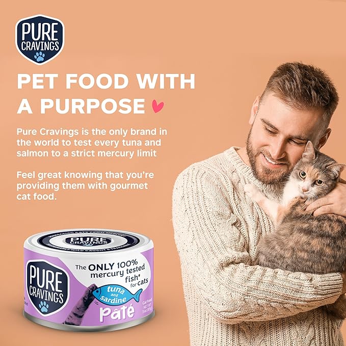 Tuna and Sardine Pate, Canned Wet Cat Food, 100% Mercury-Tested, Moist Can Fish, Grain-Free Protein, Non-GMO, 12 Pack