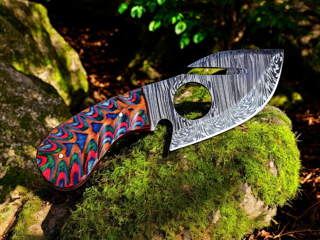 Gut Hook Skinning Knife – 7.25" Damascus Steel Blade with Exotic Color Wood Handle
