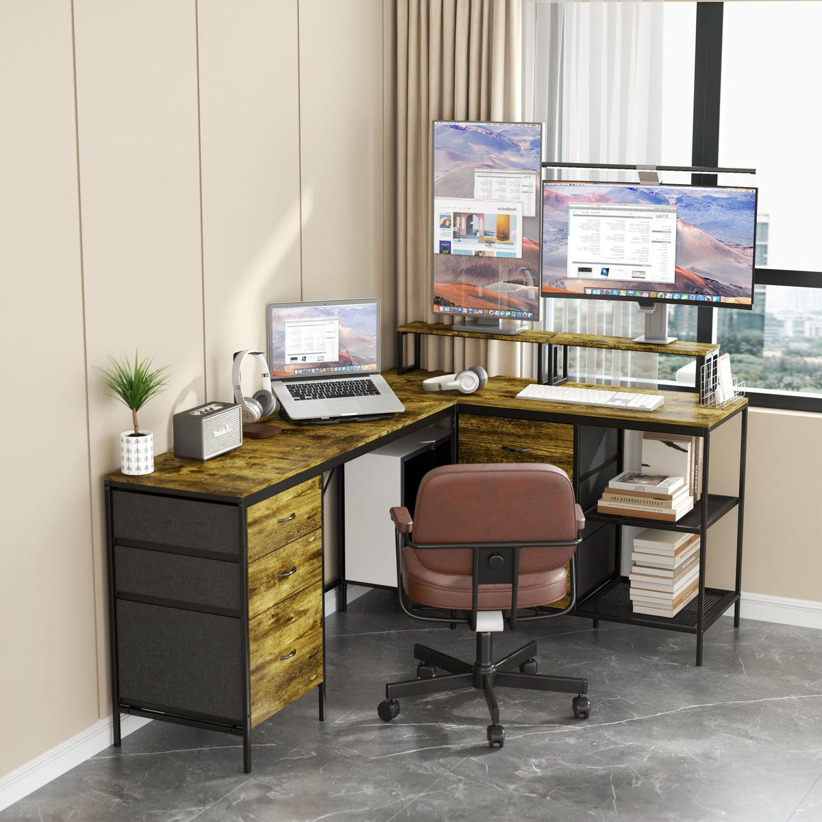 Industrial L Shaped Computer Desk With Power Outlets & USB-C, 6 Fabric Drawers, 3 Open Shelves, Movable Monitor Stands - Brown