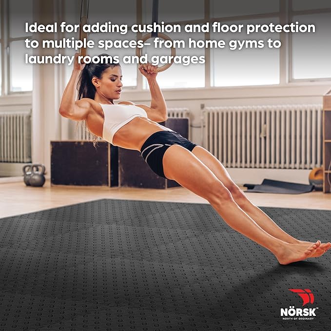 Norsk Foam Floor Gym Mats with Interlocking Tiles, .47" Thick, 24"x24", 36-Pack, 144 Square Feet, Diamond Plate Design, Black