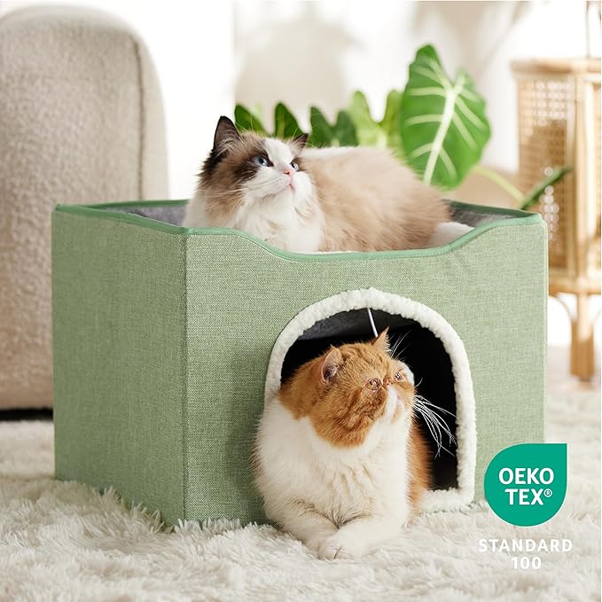 Bedsure Cat Beds for Indoor Cats - Large Cat Cave for Pet Cat House with Fluffy Ball Hanging and Scratch Pad, Foldable Cat Hideaway, 16.5x16.5x13 inches, Green