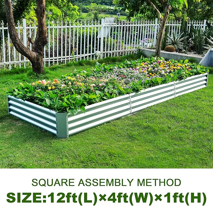 Land Guard 12×4×1ft Galvanized Raised Garden Bed Kit for Vegetables, Galvanized Super Large Metal Planter Raised Garden Boxes Outdoor(359 Gallon Capacity)…