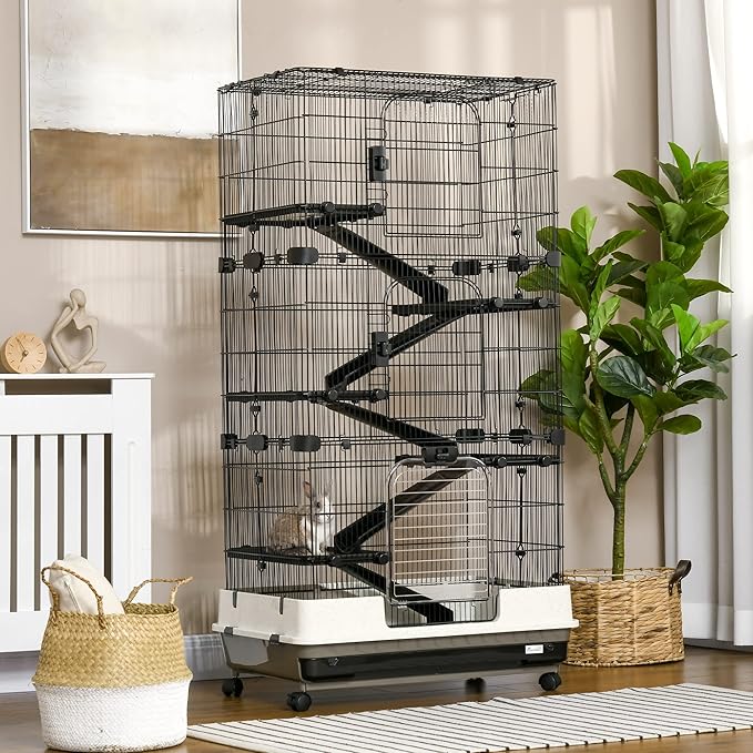 PawHut 59.5" Small Animal Cage with Wheels, 6-Level Portable Bunny Cage, Chinchilla Ferret Cage with Removable Tray, Platform and Ramp