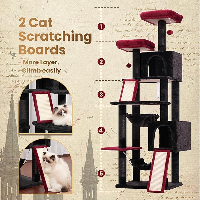 Cat Tree for Indoor Cats, 71'' (180cm) Multi-Level Cat Tower for Large Adult, Gothic Sturdy Cat Tree House with 2 Scratching Boards 7 Posts, 2 Plush Perches/Condos, Hammock, Black GCT032BR
