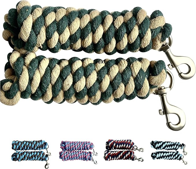 Majestic Ally Pack of 2 Solid Cotton Lead Rope for Horses & Livestock – 10 Foot Long and 5/8 inch Thick - Replaceable Heavy-Duty Satin Bolt Snap – Handmade – Soft, Broken in Feel (Hunter Green -Tan)