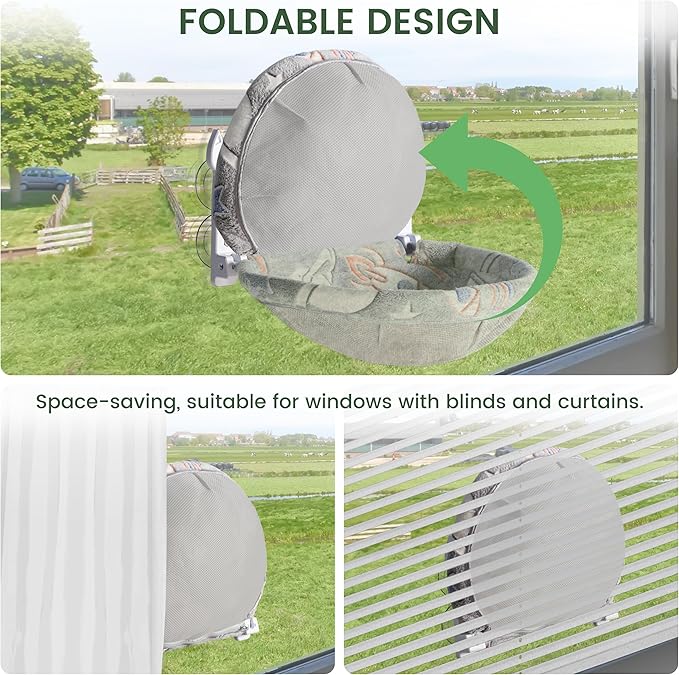 Cat Window Perch, Glow in The Dark Foldable Cat Hammock with Sunken Design & Removable Soft Cover, Breathable Cordless Window Bed for Resting Indoor Kitten (Deep Perch, 1 Pack - M)
