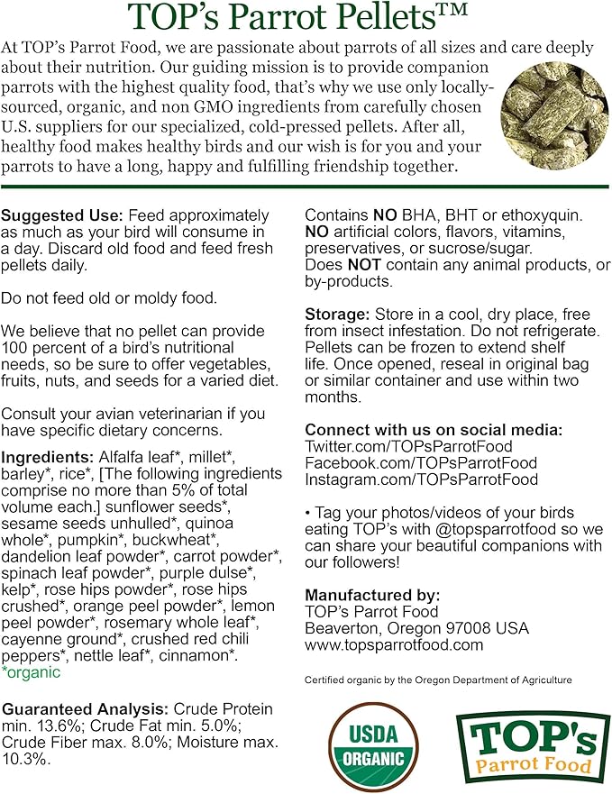 TOP's Parrot Food Bird Pellets for Small Hookbills - Non-GMO, Peanut Soy & Corn Free, USDA Organic Certified - 25 lb Bag