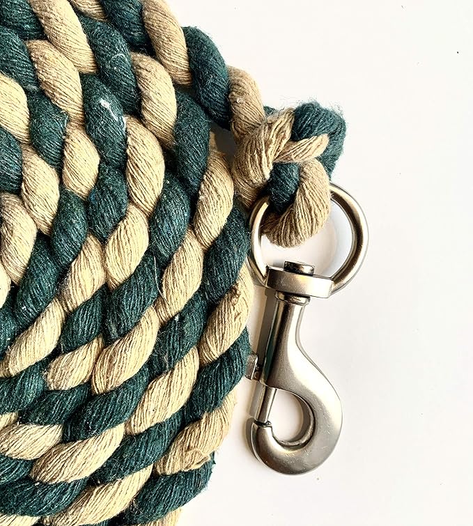 Majestic Ally Pack of 2 Solid Cotton Lead Rope for Horses & Livestock – 10 Foot Long and 5/8 inch Thick - Replaceable Heavy-Duty Satin Bolt Snap – Handmade – Soft, Broken in Feel (Hunter Green -Tan)