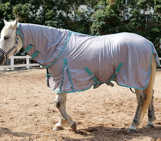 Horse Fly Sheet with Detachable Neck Cover & Belly Wrap, Adjustable Fly Sheet for Horses, Ventilated Airflow Mesh Equine Cooling Summer Flysheet Grey 72