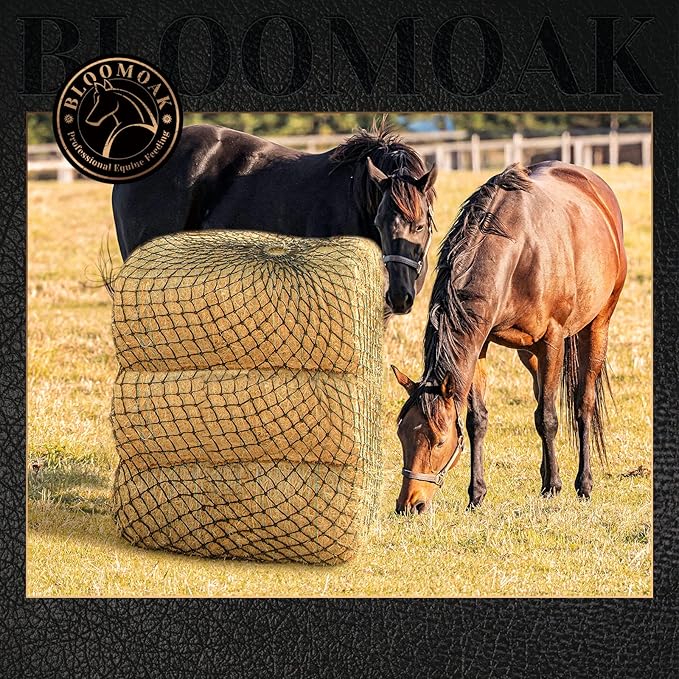 Bloomoak Slow Hay Net Feeder for Horses, Durable Soft Black PE 2String Hay Bales Bags with 2" Hole, Fit 36 * 18 * 18" Square Bale Easily…