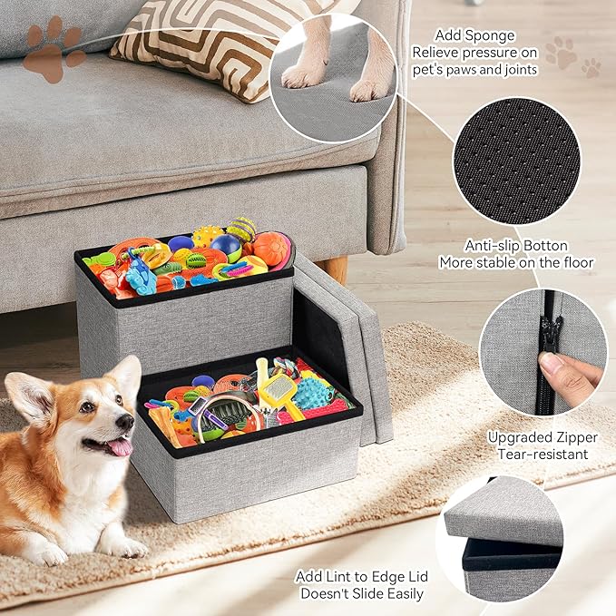 Dog Stairs with Storage 12" H, 2-Step Wider Dog Steps for Dogs Cats, Folding Sturdy Pet Stairs Climbing Sofa Couch, Ramp for Car Hold Up to 150 lbs (Gray, No Condo)