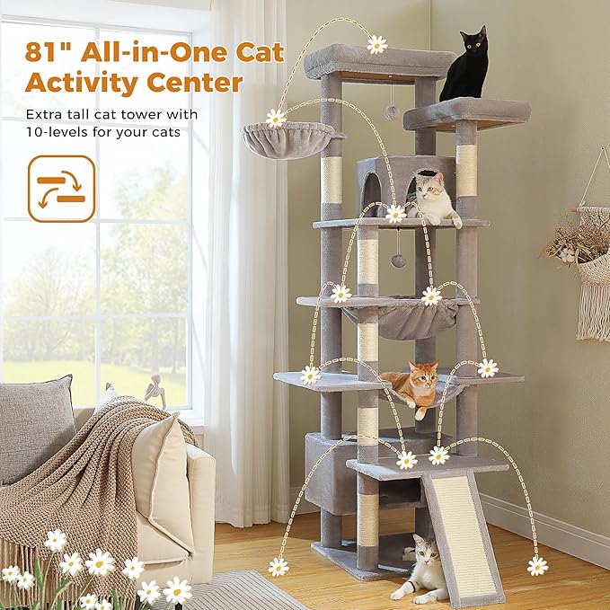 81 Inches Tall Cat Tree for Indoor Cats Large Adult - Heavy Duty Multi-Level Cat Tower with Large Metal Frame Hammock, Scratching Pad, 2 Top Perches, 2 Cozy Condos & 6 Scratching Posts - Gray