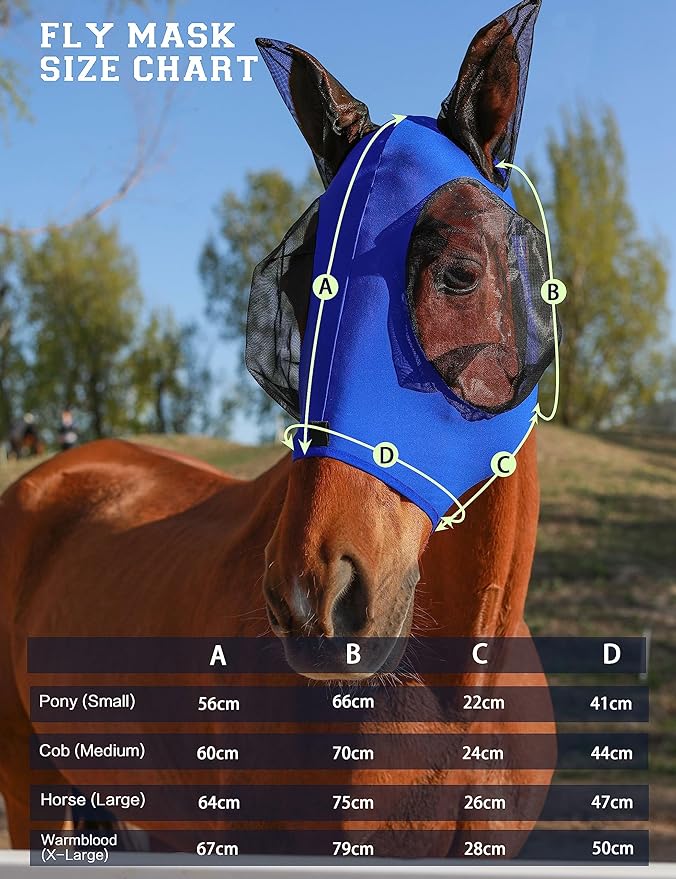 Horse Fly Mask with Ears, UV Protection Mask for Horses, Elasticity Mask with Big Mesh Eye Covers, Snug Fitting Comfortable Breathable Lightweight Royal Blue Full Size