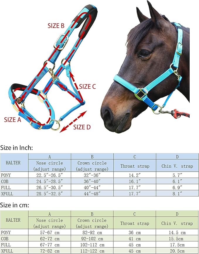 T TEKE Adjustable Horse Halters by Heavy Duty Soft Nylon, Padded with Anti-rubbing Waffle Neoprene on Both Crown & Nose