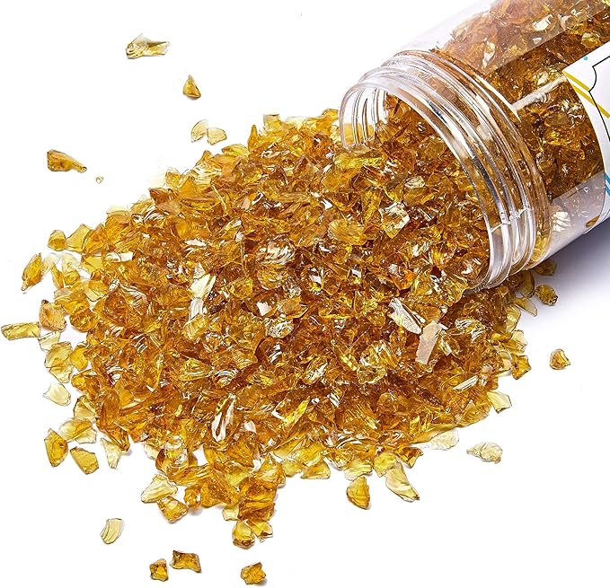 TWINKLING High Luster Fire Glass Gravel Stone Glitter,Broken Glass,Fire Gems Chips,Crushed Glass for Fire Pit Crafts Resin Art Aquarium Garden Decoration,3-6mm,1-Pound Jar (Light Amber)