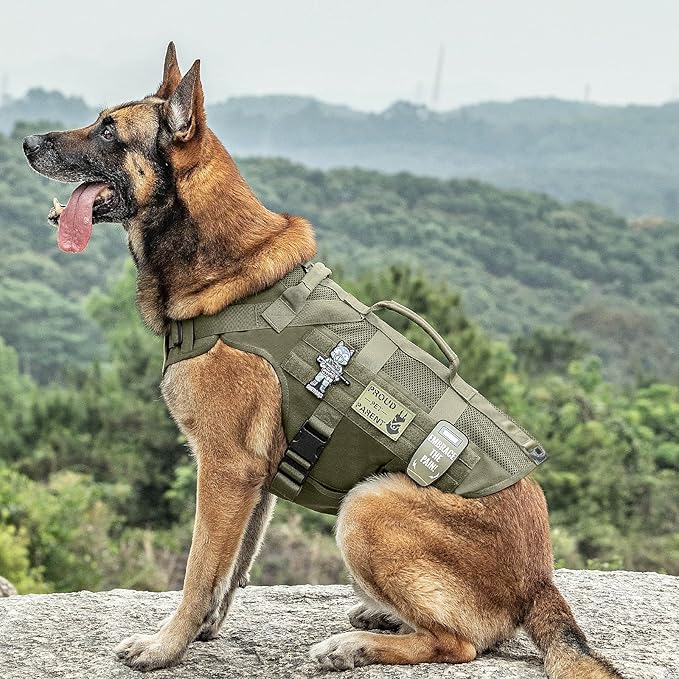OneTigris No Pull Tactical Dog Mesh Harness for Medium Dogs, Aire Mesh Breathable Military Dog Molle Vests with Handles, Service Dog Vest Harness for Walking Hiking Training Green