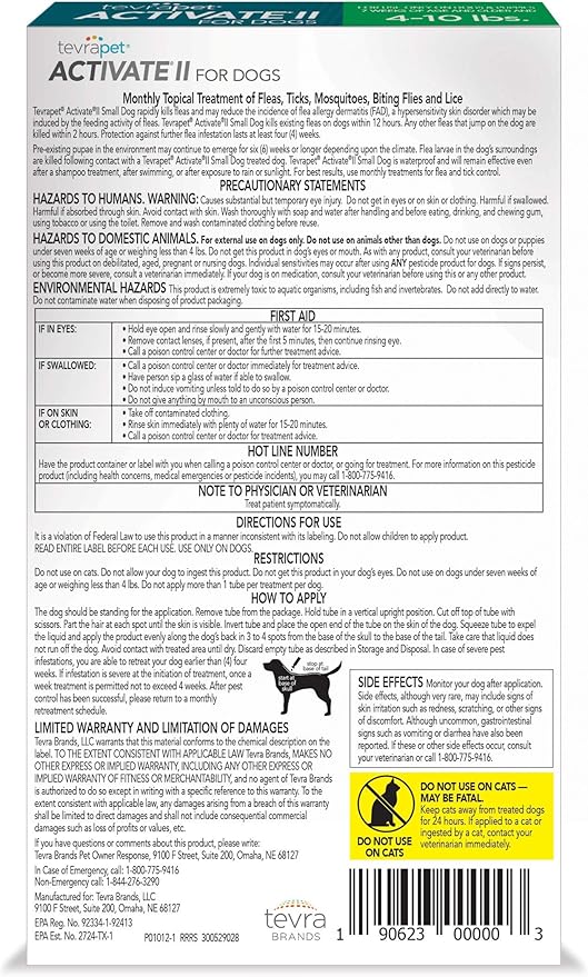 TevraPet Activate II Flea and Tick Prevention for Dogs | 4 Count | Small Dogs 4-10 lbs | Topical Drops | 4 Months Flea Treatment