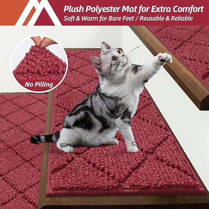 COSY HOMEER Edging Stair Treads Non-Slip Carpet Mat 28inX9in Indoor Stair Runners for Wooden Steps, Edging Stair Rugs for Kids and Dogs, 100% Polyester TPE Backing (7pc, Red, 7)