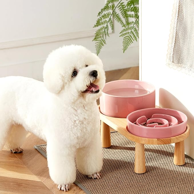 Ceramic Slow Feeder and Water Bowl Set for Medium and Large Dogs, Ceramic Dog Bowls Elevated with Wooden Stand, 2.0 Cups Dog Slow Feeder(30oz) and 70oz Water Bowl Set, Pink