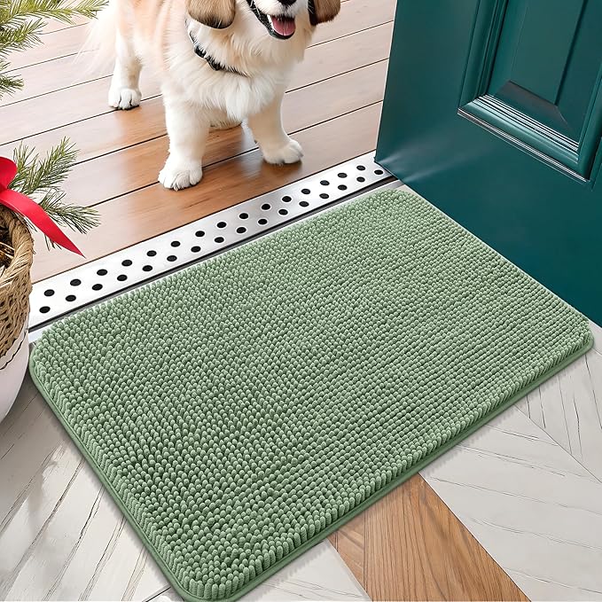 OLANLY Dog Door Mat for Muddy Paws 24x16, Absorbs Moisture and Dirt, Absorbent Non-Slip Washable Doormat, Quick Dry Chenille Mud Mat, Entry Indoor Entryway Carpet for Inside Floor, Olive Green