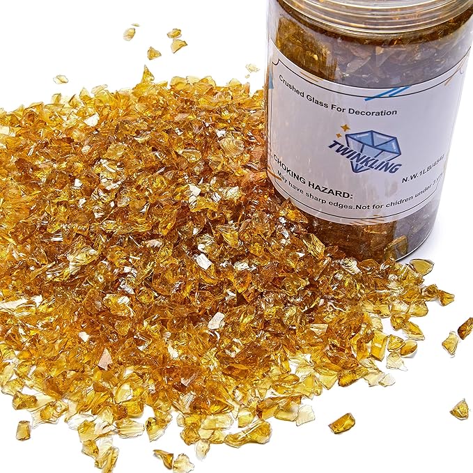 TWINKLING High Luster Fire Glass Gravel Stone Glitter,Broken Glass,Fire Gems Chips,Crushed Glass for Fire Pit Crafts Resin Art Aquarium Garden Decoration,3-6mm,1-Pound Jar (Light Amber)