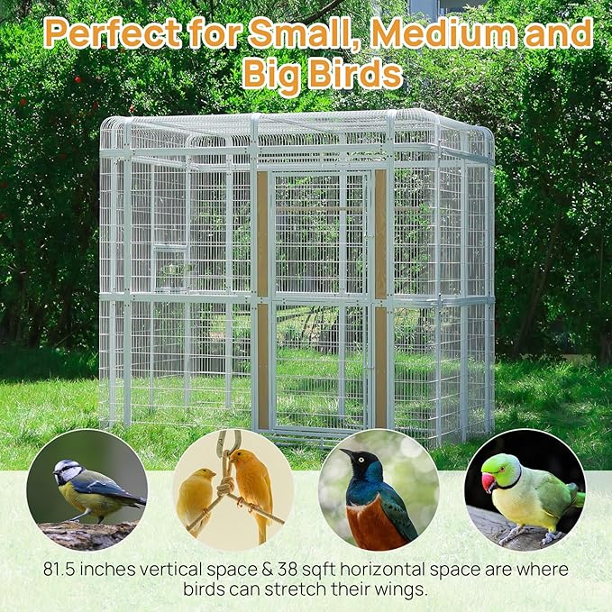 Large Bird Cage for Parakeets Outdoor Bird Aviary Parrot Cage with Perch, Walk-in Heavy Duty Birdcage for Macaws Canaries Parrots Budgie Lovebirds, White