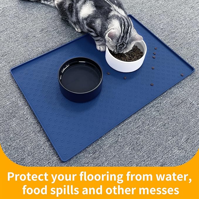 Ptlom Silicone Pet Placemat for Dog and Cat, Waterproof Anti-Slip Pet Feeding Bowl Mats for Food and Water, Small Medium Large Tray Mat Prevent Residues from Spilling to Floor, Navy Blue, 31.5" 23.6"