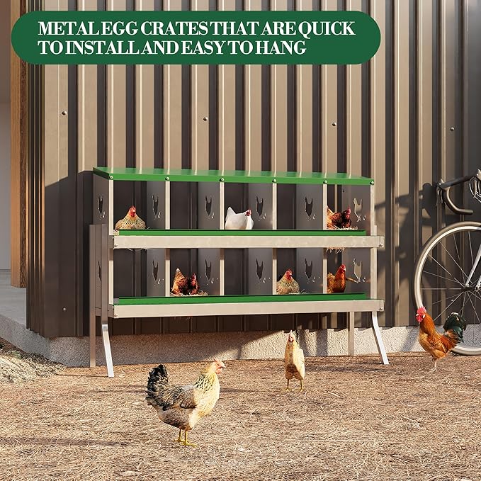 10 Hole Chicken Nesting Box with Roll Out Egg Tray, Rustproof & Ventilated Chicken Laying Boxes for Hens, Chickens, Ducks | Easy-Clean Poultry Coop Accessories, Green with Stand