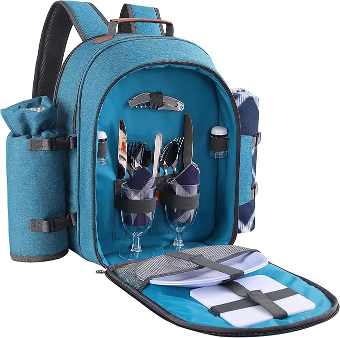 Apollo Walker Picnic Backpack Set for 2 Person with Cooler Compartment, Detachable Bottle/Wine Holder, Fleece Blanket, Plates and Cutlery Set (Teal)