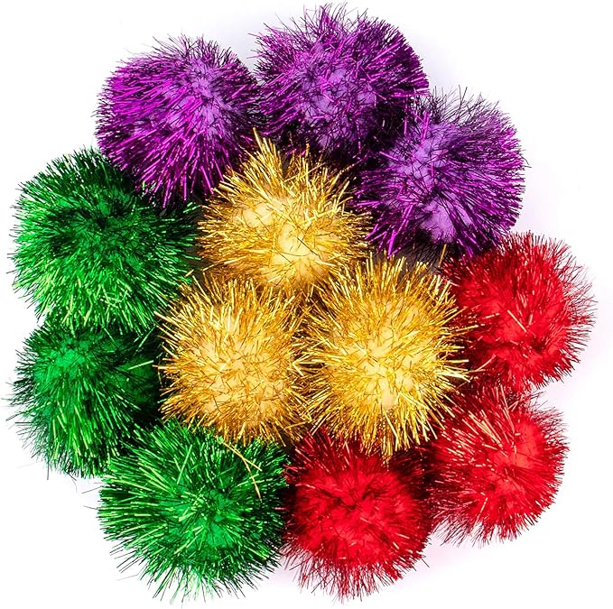 AUEAR, 12 Pack 2 Inch Sparkle Ball Shiny Glitter Tinsel Pom Poms Interactive Cat Balls for Kittens (4 Colors, 12 Inch-12 Pack)