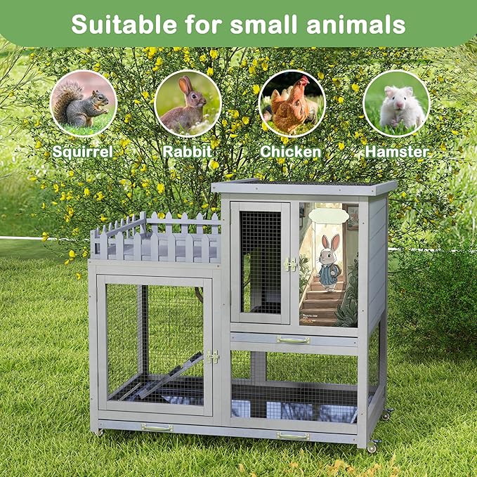 Wood Rabbit Hutch with Balcony - Small Animal House Bunny Cage on Wheels for Indoor Outdoor, Rabbit Cage Included Ramp, Pull Out Tray, (Grey with Pattern)