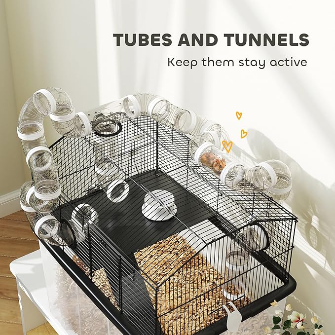PawHut Large Hamster Cage with 12" Deep Tray, 2 Tier Gerbil Cage with Tube System, Water Bottle, Ramp, Feeding Bowl, 23" x 17" x 22", Black